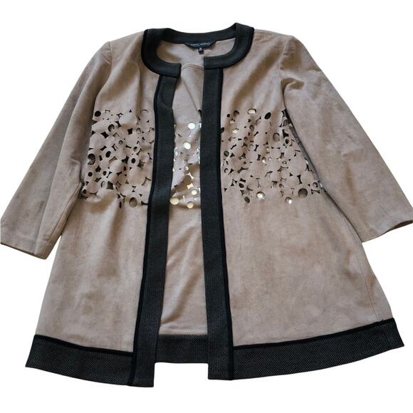 Ming Wang Heritage Laser Cut Faux Suede Open Jacket M Tan Black EUC - Picture 12 of 15